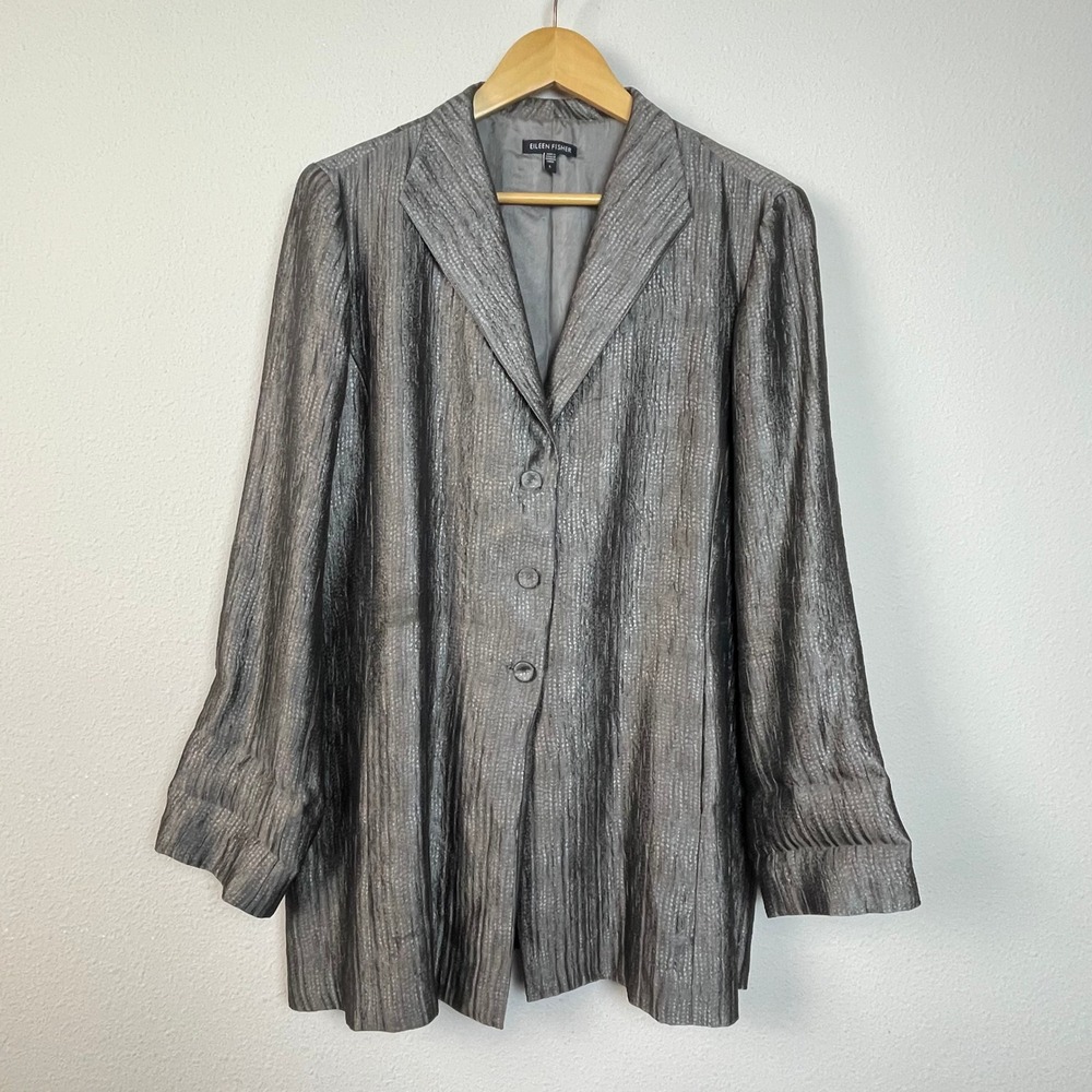 Eileen Fisher Metallic Textured Long Sleeve Button Front Shacket Jacket Size L